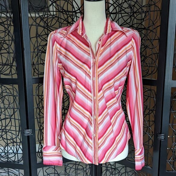 Tommy Hilfiger Size Small Pink/Orange/White Diagonal Stripe Button Front Shirt - Picture 1 of 9
